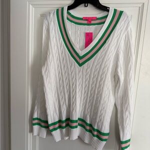 ⬇️🎉Lilly Pulitzer V-Neck Brockton Cotton Sweater Sweater in White and Green